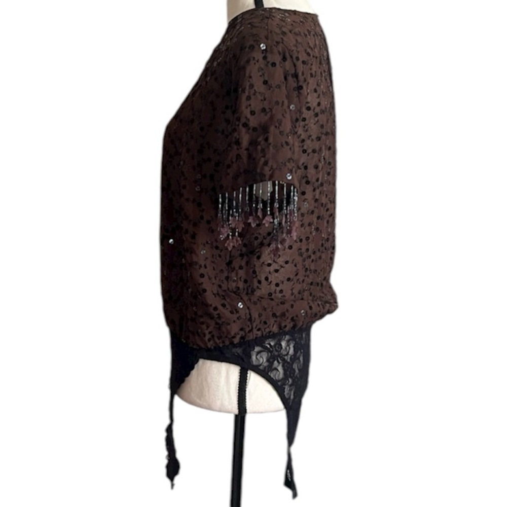 Sequin Beaded Sequin Chocolate Brown Bodysuit Medium Fringe Fall Holiday USA - Picture 8 of 13